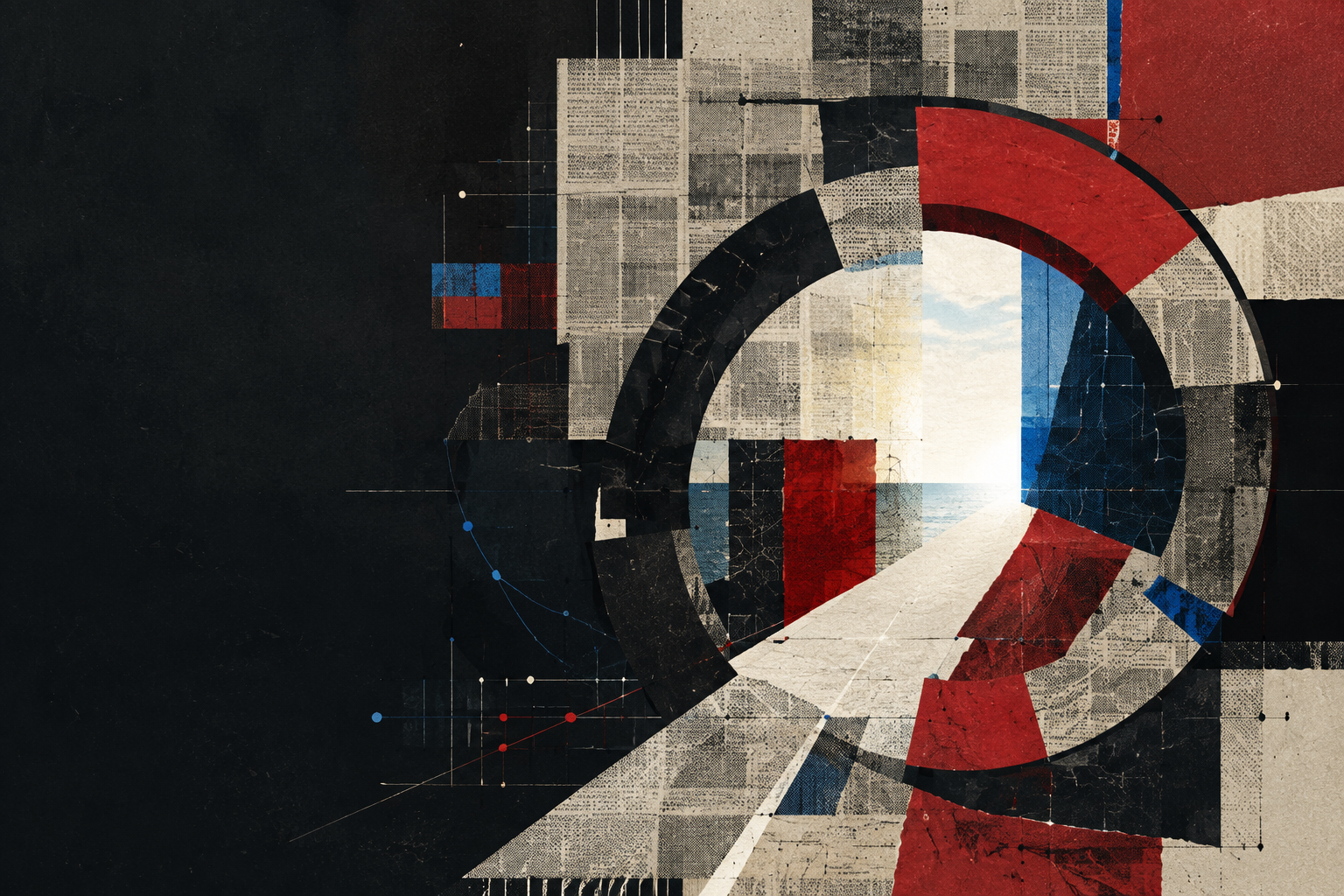 Abstract collage of newsprint, broken circles and an opening path